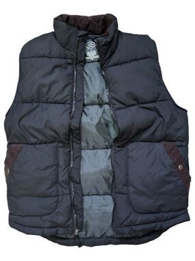 St.  John’s Bay Black Puffer Vest Brown Corduroy Trim Zip Front Men’s Small